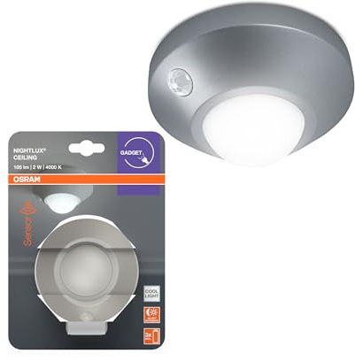 OSRAM Lámpara de techo NIGHTLUX, plata, con sensor de movimiento y luz, funcionamiento con pilas, IP20, 105 lm, 4000K, fácil instalación y carcasa robusta.