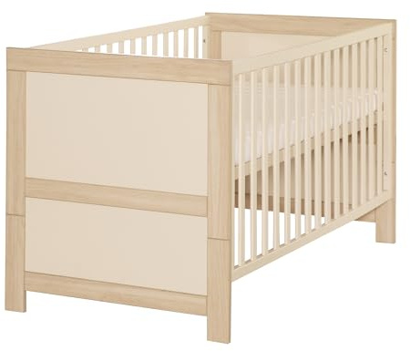 roba Lit bébé évolutif Momo 70 x 140 cm – Lit à barreaux évolutif – Réglable en hauteur – Transformable en lit junior – Bois laqué coloris cachemire/décor chêne Tristan
