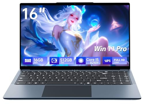 Notebook 16 Pollici, Core i5-8210Y CPU, Win 11 PC Portatile 16GB RAM 512GB SSD, Laptop Tastiera Retroilluminata, 1920*1200 IPS Full HD Schermo, (Mini-HDMI+USB3.0+Type-C+Webcan+WIFI5+5800Mah Battery)