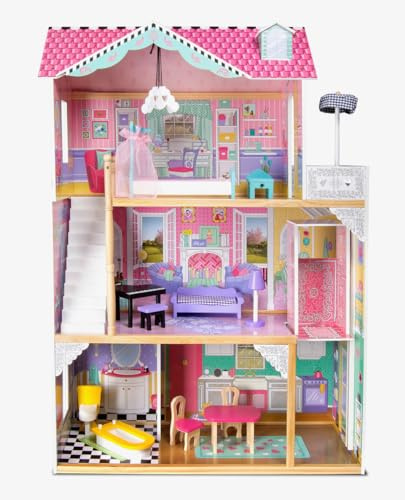 Leomark Casa de Munecas Grande con Ascensor Accesorios Juego Infantil Creatividad habitacion ninos Regalo Ideal Desarrollo imaginacion Montaje facil residencia Colorida Decorada