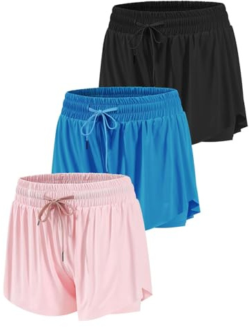 ATTIQOZI 3 Pack Flowy Athletic Shorts Schnelltrocknende mit Taschen Teenager Butterfly Shorts Mädchen Running Tanzen Sports 2-in-1 Laufshorts für Mädchen Schwarz/Königsblau/Rosa M