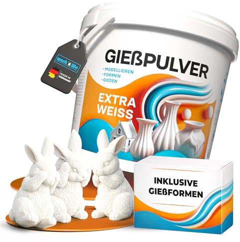 Gießpulver Extra Weiß Set inkl. Silikonform – Gips zum Gießen für Osterdeko, Reliefgießpulver extra weiß, Gießmasse für Silikonformen, DIY Set für Figuren (3x Hasen, Pulver 1kg)