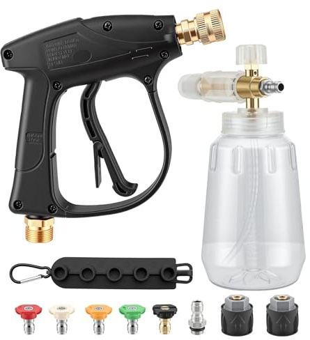 Hochdruckreiniger Pistole 5200 PSI mit 1L Schaumkanone, 5 Düsen Schnellanschluss Autowaschpistole mit M22-Schlauchanschluss (14 mm) und 1/4-Zoll-Schnellkupplung für Kärcher