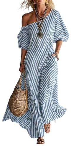 Robe longue décontractée en lin à rayures asymétriques pour femme - Style bohème - Épaules dénudées - Longue et fluide - Pour la plage et les vacances