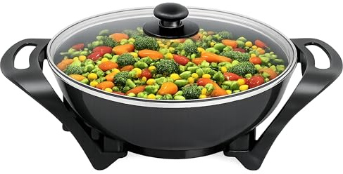 BEPER P101COS100 Sartén Wok Eléctrica de 33 cm, 1500 W, antiadherente de cerámica con termostato ajustable, 5 litros, tapa de vidrio, ideal para saltear, freír y guisar