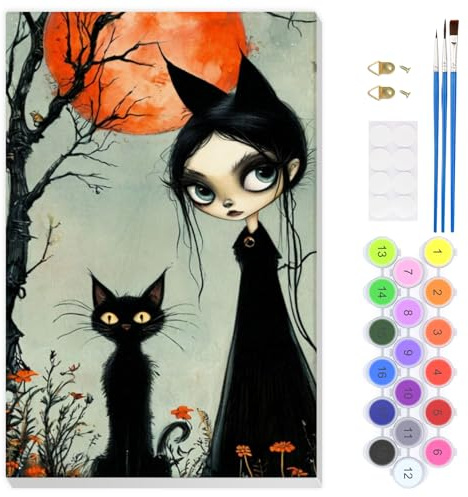 EOBROMD Pintar por Numeros Adultos Gato Negro, Catwoman Gótica Pintura por Números con Marco, Kit de Pintura al óleo de Lienzo DIY para con Pinceles, Pigmento Acrílico, Decoración del Hogar 20x30cm