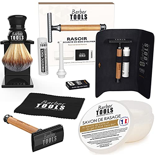 Kit per rasatura - Rasoio di sicurezza + 5 doppie lame + pennello da barba + sapone da barba da 150 ml + pietra di allume ✮ BARBER TOOLS ✮