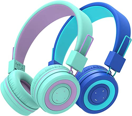 iClever 2 Pack Bluetooth Kinder Kopfhörer, Kopfhörer für Kinder mit MIC, Lautstärkeregler, Verstellbares Stirnband, Faltbar, Kinderkopfhörer am Ohr für Schule, Farbe: grün lila + blau