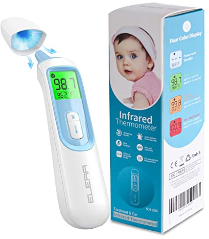 Ear Thermometer for Baby, ELERA Infrared LCD Thermometer with Automatic Switching Mode of Ear & Forehead, 1s Measurement, 4 Color Backlight Display with Fever Indicator