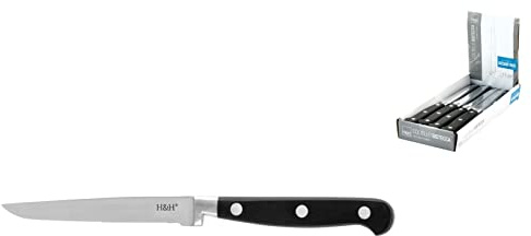 H&H Coltello Bistecca con Punta, Mezza Lama Seghettata, Manico Nero