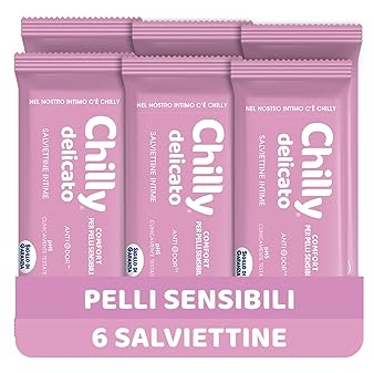 Chilly Salviettine Delicate, Salviette per l'Igiene Intima, Azione Delicata, Tessuto 100 % Biodegradabile, Ottimi Fuori Casa, PH 5 Delicato, Clinicamente Testato, Confezione da 6 Pezzi