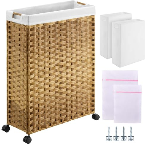 Greenstell Laundry Hamper with Wheels, 17.4 Gallon (66L) Slim Laundry Basket with 2 Removable Liner Bags & 2 Mesh Bags, Narrow Rattan Clothes Hamper for Bedroom, Laundry Room, Bathroom, Natural
