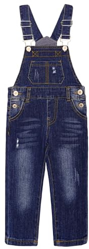 KIDSCOOL SPACE Jeans Slim Fit Petits Garçons, Salopette en Denim à la Mode avec Grande Poche à Bavette déchirée, Bleu Foncé, 5-6 Ans