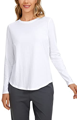 CRZ YOGA Coton Pima Chemises à Manches Longues pour Femme Col Rond Athletic Yoga Décontractés Léger Tee Shirt Blanc 38
