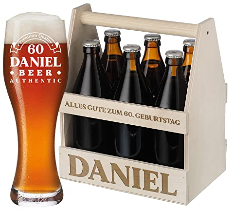 Weizenbierglas + Bierträger mit Wunschgravur - Alles Gute zum Geburtstag personalisiert - 1x Flaschenträger aus Holz - 1x Bierglas 500 ml - Männerhandtasche - Männergeschenk - Papa