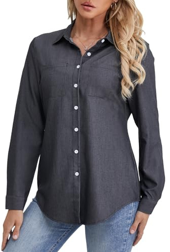 fuinloth Camisas para Mujer otoño Elegantes con Cuello en V Informal Manga Larga Vaqueras Botones Blusa Negro L