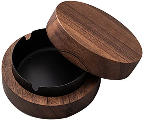 Hausdec Walnut Ashtray with Lids Windproof Wooden Ashtray Portable Ash Holder for Smokers Desktop Office,Men's Gift(Black)