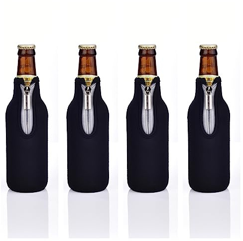 AF-WAN Funda para botellas de cerveza estándar de 330 ml, con cremallera, funda de neopreno engrosada antideslizante (4 unidades), color negro