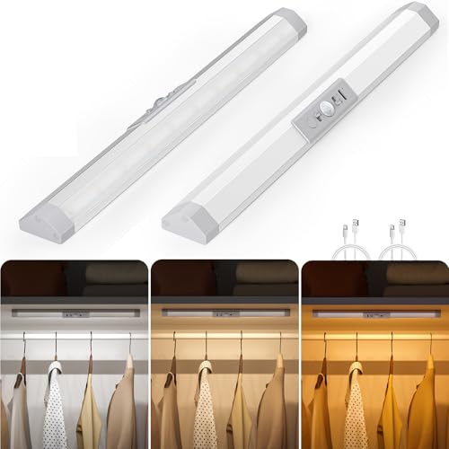WOBANE Luce Armadio LED con Sensore di Movimento, Luci Guardaroba Protezione degli Occhi, Lampada Ricaricabile Luce Notturna Dimmerabile per Scale,Corridoio, 2 Pezzi