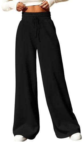 HSUAYEUD Women's Wide Leg Sweatpants 2024 High Waisted Baggy Flared Trousers Drawstring Athletic Jogger Elastic Increased Active Trousers, A01-black, M