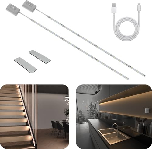 Hapfish Striscia LED a Batteria con Sensore di Movimento, Luci LED 2 Metri Camera da Letto Ricaricabile, 3 Temperature Colore, Dimmerabile, 2 Pezzi LED Sottopensile Cucina per Armadio Scala TV