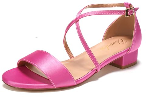 Elivandon J1584 Mujer Satén Tacón Bajo Noche Sandalias Open Toe 3cm Bloque Tacón Satén Zapatos de Tacón Noche Fiesta Nupcial Novia Boda Color Rosa Neón,Tamaño 39 EU