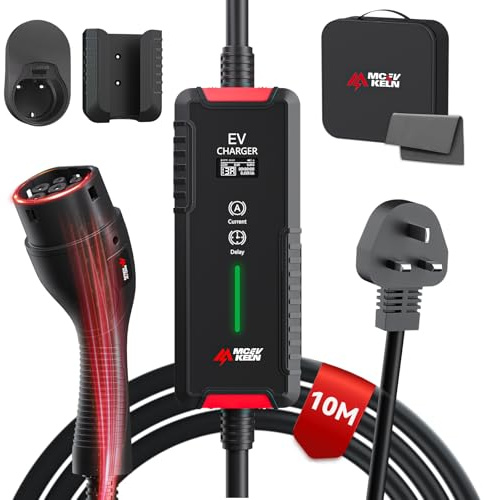 MCEVKELN EV Charger Cable Type 2 to 3 Pin Plug Type 2 Charging Cable 3kW 10M 6/8/10/13A IP65 Advanced Protection for EVs & PHEVs Mode 3 Charging Cable