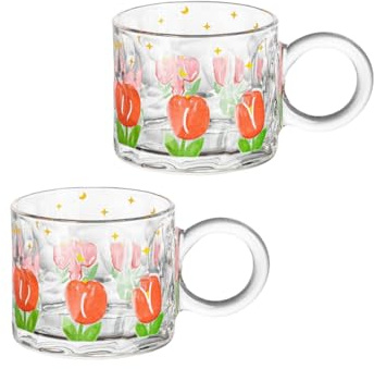 RYUHYF Taza de café de vidrio, tazas grandes de boca ancha (10.8 onzas), tazas de café de tulipán con asa, cristalería sin plomo, perfecta para café con leche, capuchino, té y jugo (juego de 2