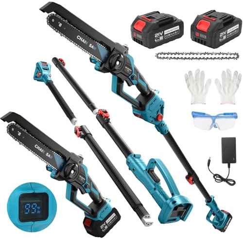 Tronçonneuse électrique de 20,3 cm avec tige d'extension de 2,3 m, 2 batteries, moteur sans brosse, huile automatique de la chaîne, pour bois de jardin, sécateur, coupe du bois, compatible avec Makita