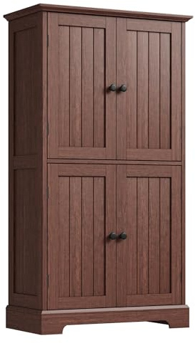ChooChoo Bathroom Floor Cabinet, Farmhouse Bathroom Storage Cabinet with 4 Doors and Adjustable Shelves, Pantry Cabinet for Living Room, Kitchen, Walnut