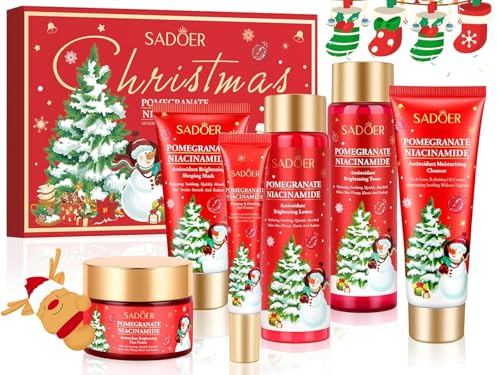 Christmas Pomegranate Skincare Set-6 Pcs Skin Care for Women-Teenage Girls Gift Set-Cleanser,Toner,Lotion,Face Cream,Eye Cream,Sleeping Mask Travel Gift Set for Birthday Womens Day Mothers Day Gift