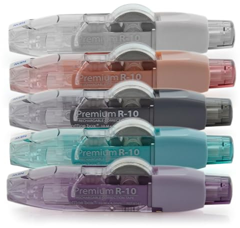 office box Corrector en Cinta Premium R10 Recargable – 10 m x 4,2 mm – Retráctil, Escritura Inmediata, Invisible en Fotocopias – Value Pack 5 Correctores Colores Surtidos = 50 m de cinta. (Surtido 5)