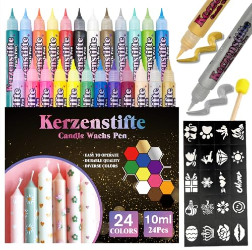 CAwished Set di pittura per candele da 10 ml con adesivi ritagliati e strumenti in spugna, penne per cera per candele, ideale per decorare e progettare (24 colori)