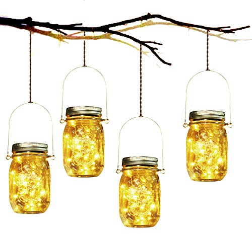 SUNNOW Solar Mason Jar Lights - 4 Pack Hanging Lanterns with 30 LED, Waterproof, Decorative String Lights for Indoor/Outdoor Courtyard Wedding Party Christmas