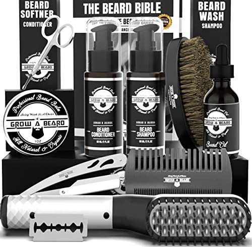Beard Straightener Grooming Kit for Men, Beard Growth Kit, Wash, Brush & Comb, Unscented Growth Oil, All Natural Sandalwood Balm, Conditioner, Razor & Scissors, Great Gift Idea for Men's (Black)