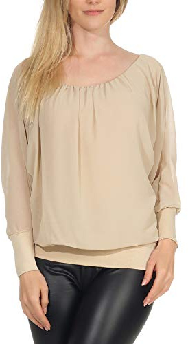 Malito dam chiffong långärmad blus | tunika med breda ärmar | Blusskjorta med bred midjeband | elegant – chic 6291, Beige, 34/42 SE