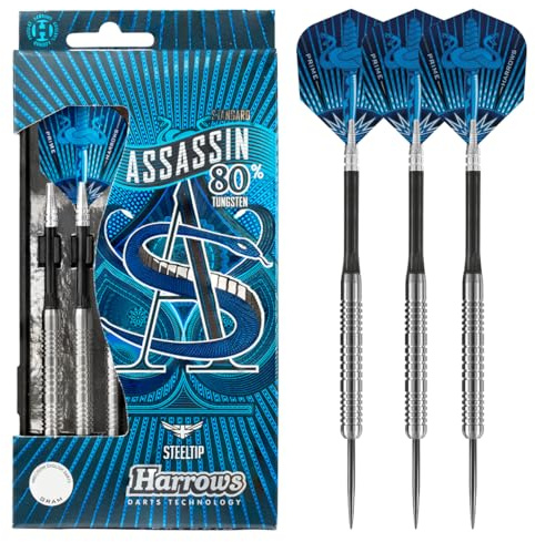 Harrows Assassin Tungsten Pro Darts | Stålspets-dartsats med bärväska | 18–40 g alla vikter | inkluderar Alamo-träd, 100 mikron Prime Fenor och en resväska