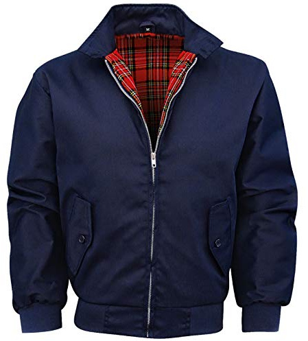 Shah Traders Chaqueta Harrington, Chaqueta Harrington de Ejército y Ropa de Trabajo para Hombre, Chaqueta Harrington Inglesa con Forro a Cuadros - Forro Rojo a Cuadros por Dentro - Tallas XS-4XL, azul