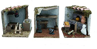 Aurora Store Set 3 pz Ambientazione PRESEPE Bottega Stalliere, Pescivendolo, Falegname, Fabbro, Arrotino, banco del Pane BANCARELLA Mestieri 14 x 15 x h. 15 cm 6 Negozi per PASTORI di Natale (Set 2)