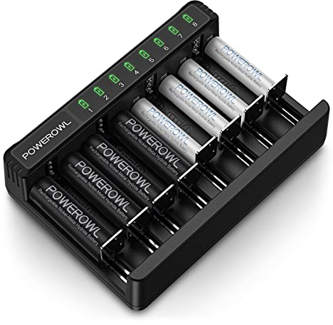 POWEROWL Cargador de Pilas Universal con 4AA&4AAA Pilas Recargables, para Pila AA AAA C D Recargeables, Tipo C y Micro USB Puertos