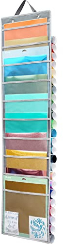 ZENXUS Hängender Vinyl-Organizer, doppelseitig, 25 Fächer, Rollenaufbewahrung, Rückseite 10 Taschen für 30,5 x 30,5 cm Vinylbogen, Karton, Scrapbook-Papier, Türhaken im Lieferumfang enthalten