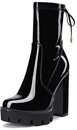NobleOnly Femmes Bloc Chunky Haut High Talon Heel Plate-forme Rond Bout Bottines Fermeture à Glissière Mariage Party Sexy Bottes Noir 43 EU