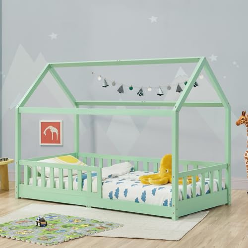 Juskys Kinderbett Marli 90 x 200 cm mit Rausfallschutz, Lattenrost und Dach - Massivholz Hausbett für Kinder - Bett in Mint
