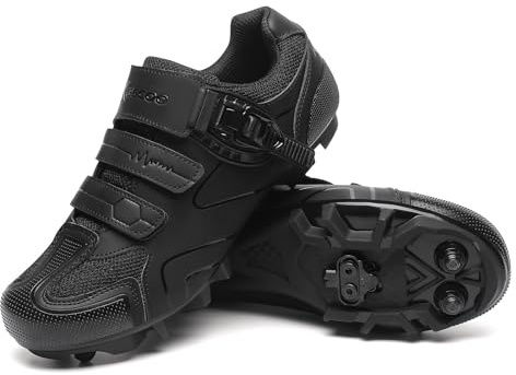 KESCOO Mens Mountain Bike Shoes with 2-Bolts SPD Cleats Included, Cycling Shoes with Quick Ratchet Buckle Indoor Outdoor Riding Biking Black 46