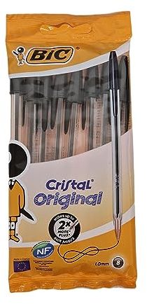 BIC Lot de 8 Stylos bille CRISTAL Original Sans Bavures, Idéal pour l'école, Noir, Pointe moyenne (1,0 mm)