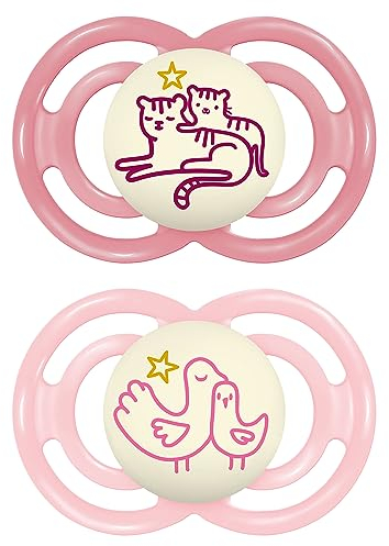 MAM Perfect Night Schnuller im 2er-Set, leuchtend im Dunkeln, zahnfreundlicher Baby Schnuller aus nachhaltigen & bio-erneuerbaren Materialien, mit Schnullerbox, 6-16 Monate, Tiger/Vogel