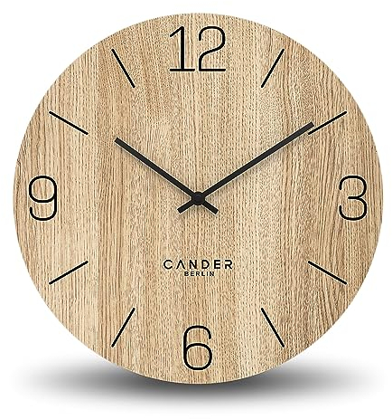 Cander Berlin MNU 2740 D XXL Wanduhr Holz lautlos 40 cm modern Eichenfurnier Vintage ohne Ticken groß Wohnzimmer Küche analog