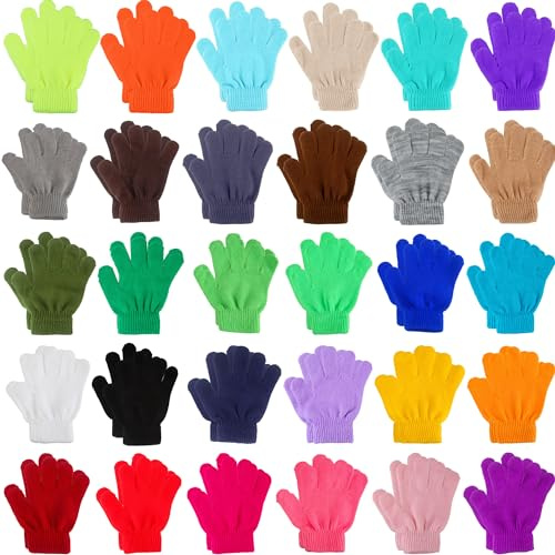 SGBETTER 30 Pairs Kids Winter Gloves Bulk Warm Knit Gloves Stretchy Finger Glove for Boys Girls Christmas Party Favors Winter Supplies, 30 Colors
