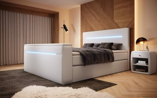 Boxspringbett Sejour 200x200 Doppelbett Polsterbett Bett mit TV Lift, RGB und Stauraum | Bezug: Kunstleder | Farbe: Weiß | Härtegrad: H3 (70-100kg)
