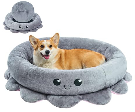 Jiupety süße, beruhigende Hundebetten für große und extra-Hunde, Angstpolster, Octopus-Form, Grau, XL, Boho, rundes Haustierbett mit abnehmbarer Katzenkissen